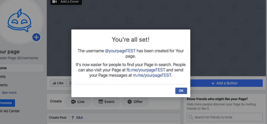 Finishing setting up the FB business page username